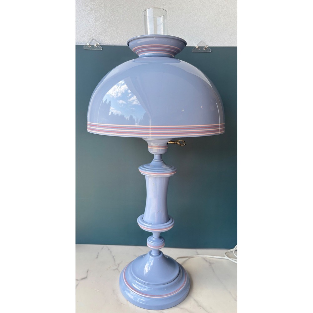 Vintage Blue Toleware Metal Lamp Table Light 24.5 In Mid Century Hurricane